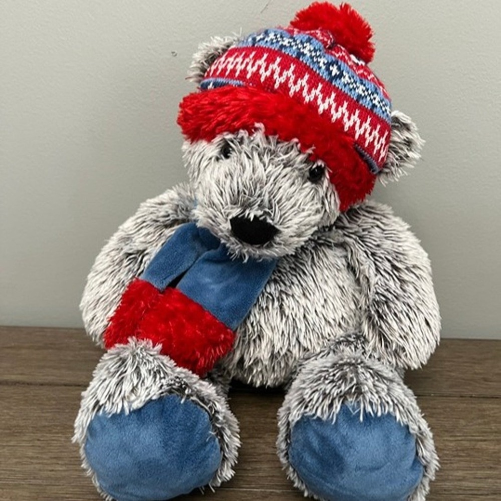 Gentle Treasures Winter Teddy Bear Plush Gray Shaggy Fur Fair Isle Hat Scarf Toy